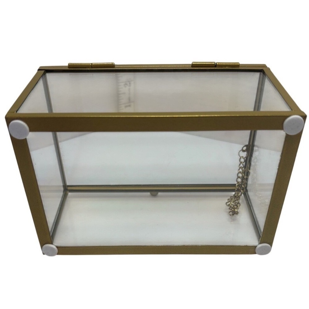 Gold Brass Glass Jewelry Box Rectangular Hinged Display Keepsake Case Vintage - Picture 9 of 10